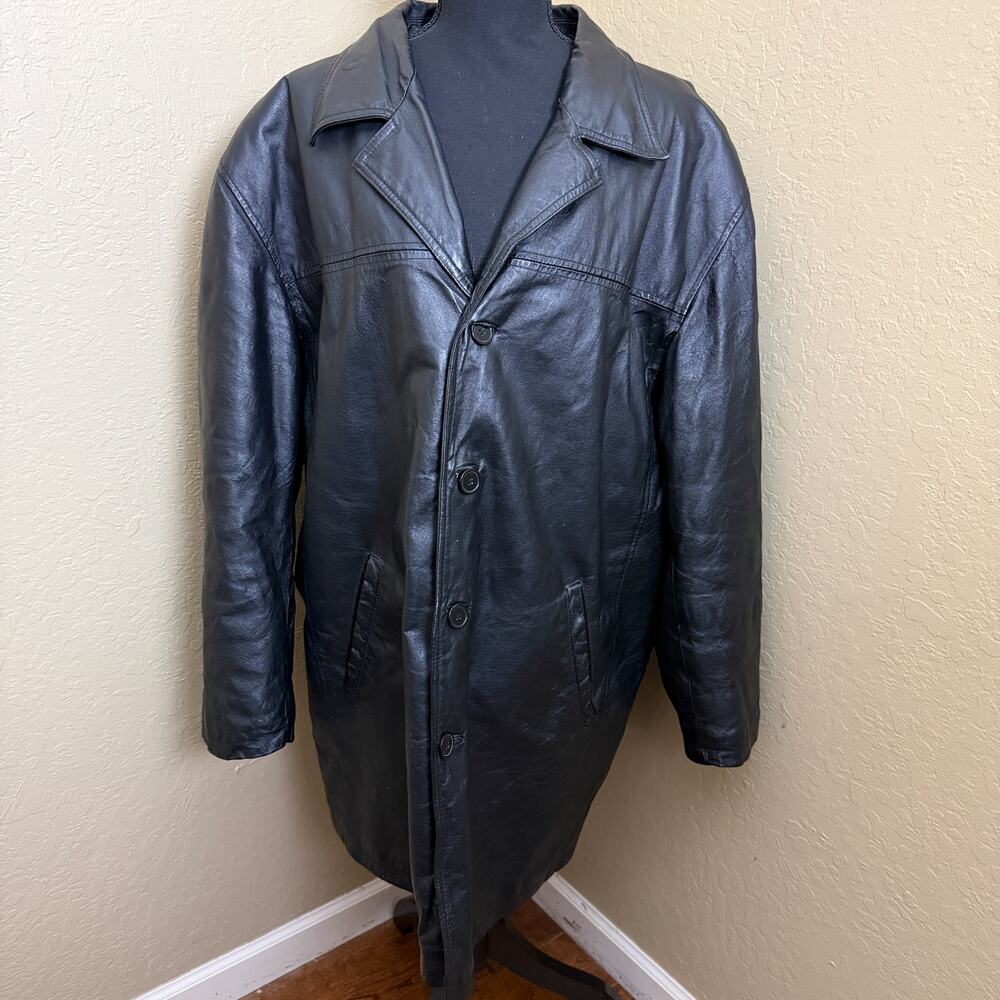 Haband Executive Division Black Genuine Leather Car Coat Jacket XL Quilted